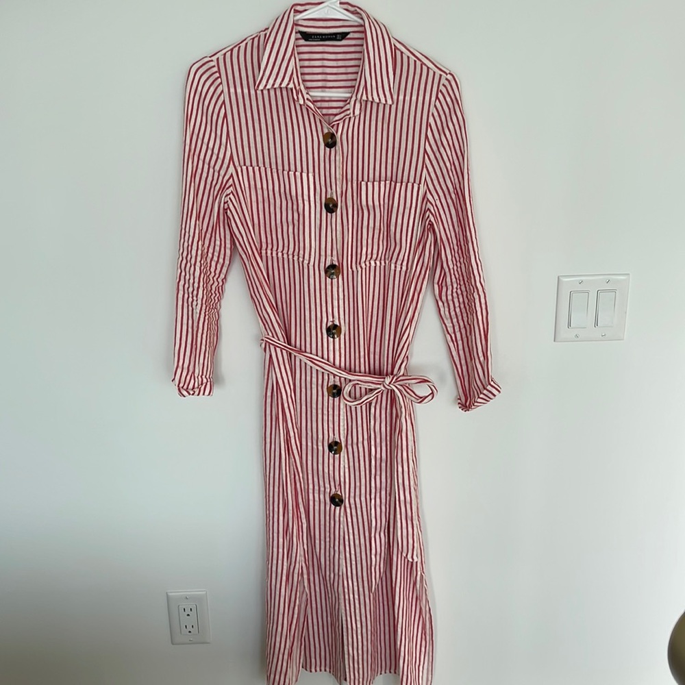 Zara Red Stripped Linen Dress with Tie